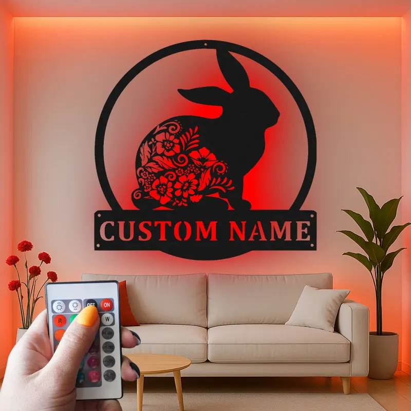 Personalized Rabbit Sign with LED | Custom Floral Bunny Metal Wall Art | Boho Nursery Decor | Unique Easter & Rabbit Lover Gift