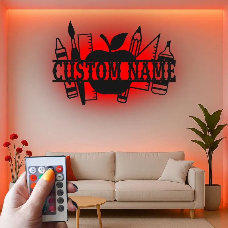 Cartel de nombre de profesor personalizado | Arte mural de metal LED para aula | Decoración personalizada de útiles escolares | Regalo de fin de año para educadores