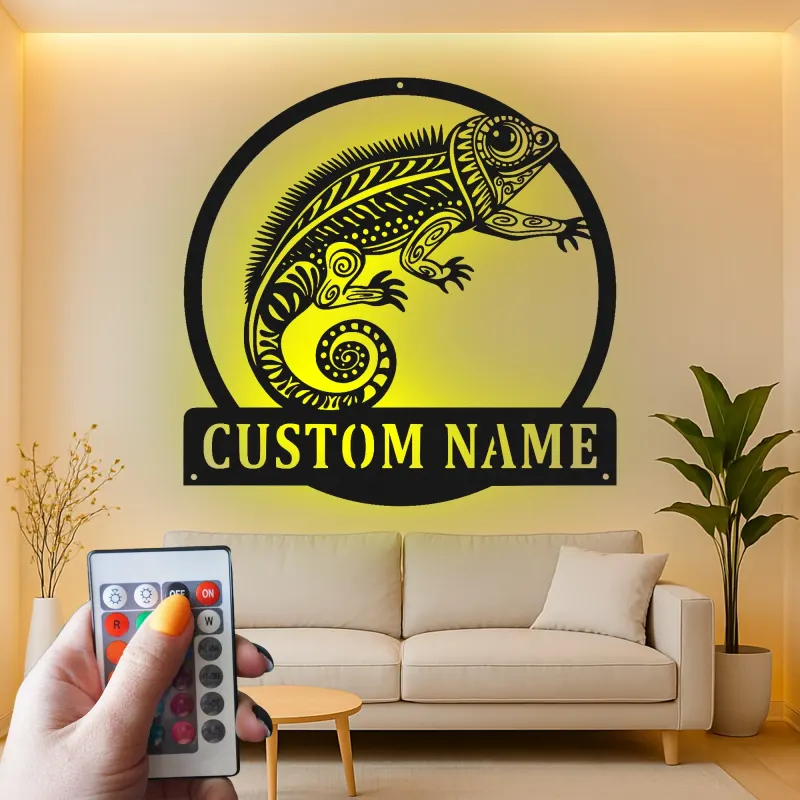 Cartel de metal personalizado con luz LED de camaleón, regalo personalizado para amantes de reptiles, decoración para salón u oficina
