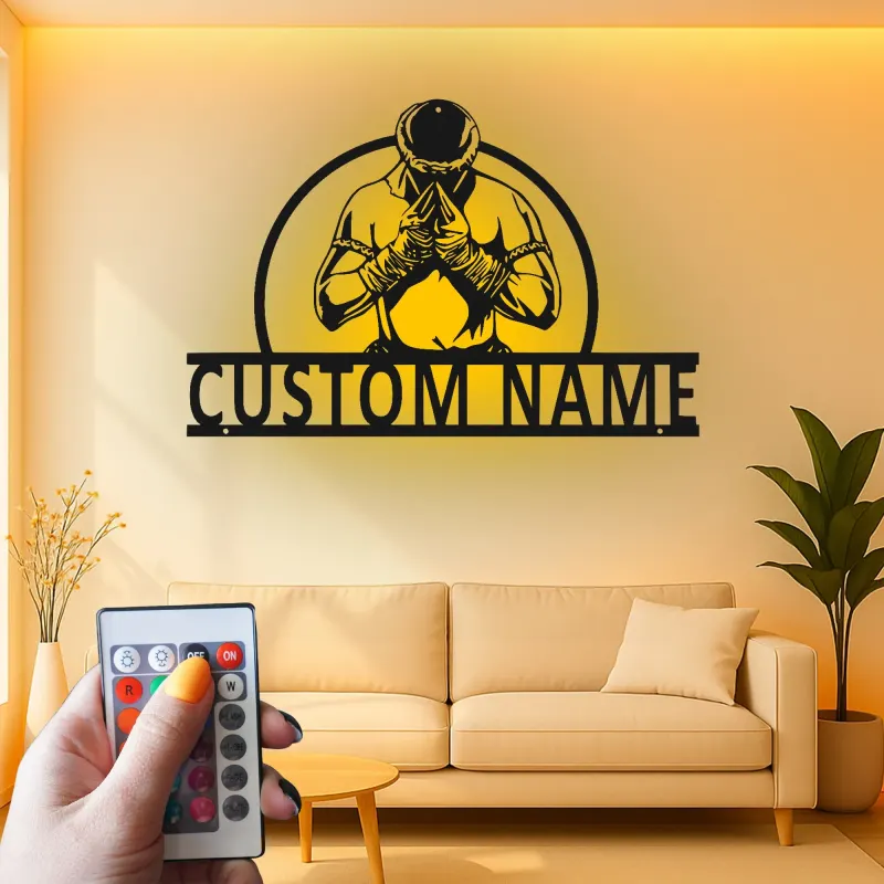 Décoration murale en métal personnalisée avec éclairage LED de combattant Muay Thai - Cadeau pour artistes martiaux, décoration de gym ou de maison