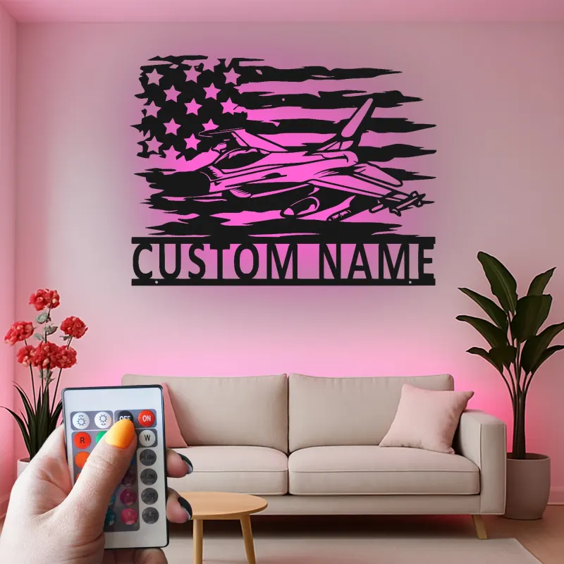 Custom Fighter Jet LED Metal Art | Personalized Military Pilot Gift | American Flag Wall Decor | Patriotic Man Cave Sign