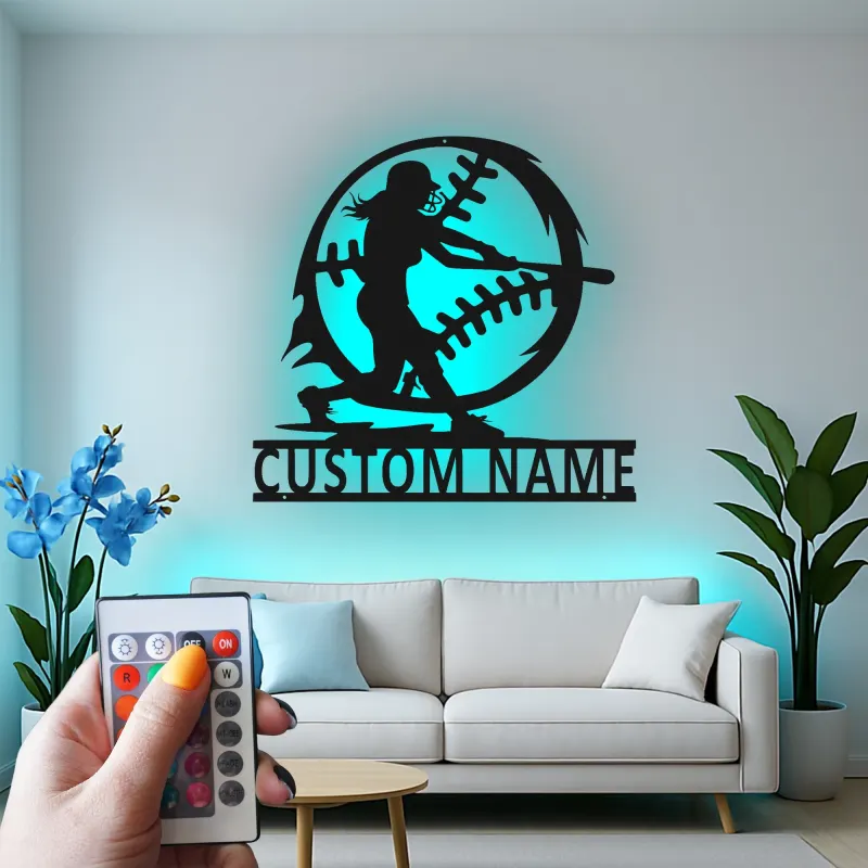 Softball Player Custom Name Sign | LED Metal Wall Art for Athlete's Room | Personalized Sports Decor Gift