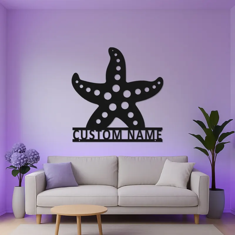 Enseigne étoile de mer personnalisée | Art mural en métal LED pour décor côtier | Plaque de nom de maison de plage personnalisée | Cadeau à thème nautique