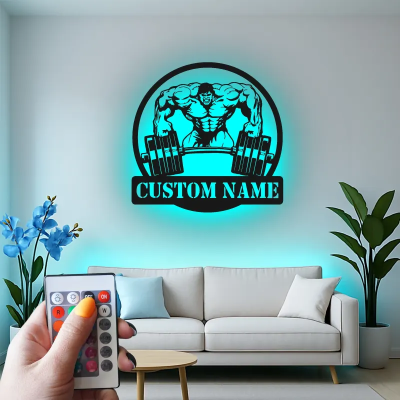 Insegna in metallo personalizzata con luce LED Bodybuilder regalo per appassionati di fitness decorazione per palestra
