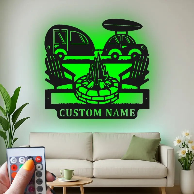 Décoration murale en métal personnalisée avec camping-car et feu de camp, cadeau de camping pour les passionnés de plein air