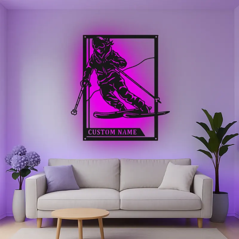 Custom Skier Led Light Metal Wall Art Personalized Skiing Gift for Winter Sports Enthusiasts Game Room Decor