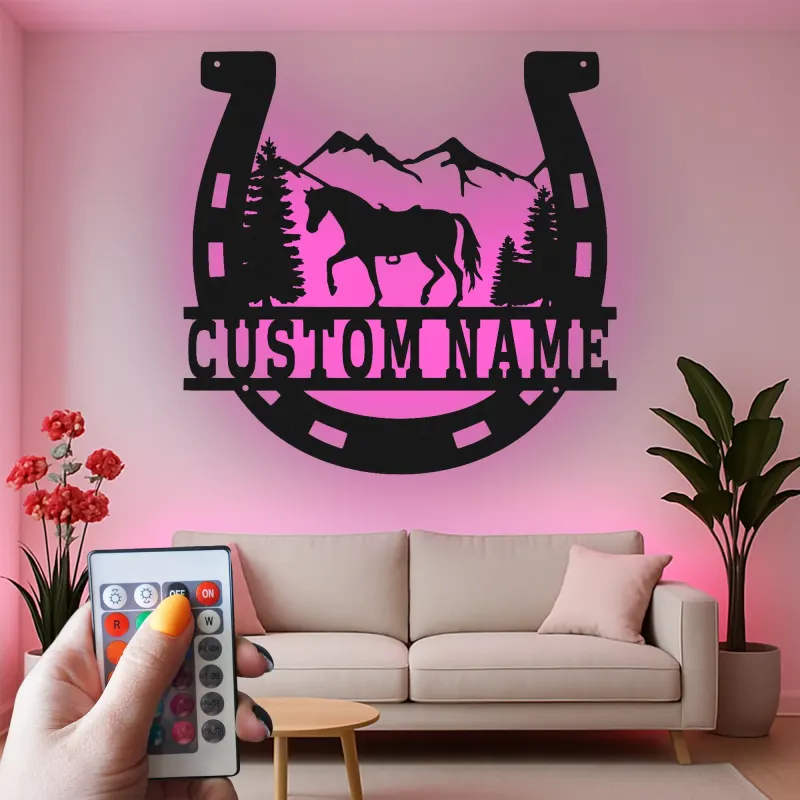 Insegna per Cavalli Personalizzata con LED | Insegna in Metallo a Forma di Ferradura | Decorazione Rustica per Ranch e Regalo Equestre