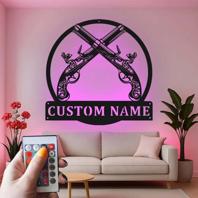 Décoration murale en métal personnalisée avec pistolets croisés et rétroéclairage LED - Cadeau pour les passionnés d'armes, décoration de cave à vin