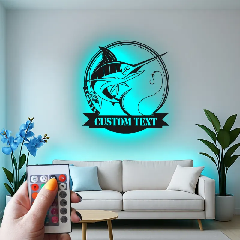 Insegna in Metallo LED Pesce Marlin Personalizzata | Insegna Decorativa per Pesca | Regalo per Pescatore per Man Cave o Cabina