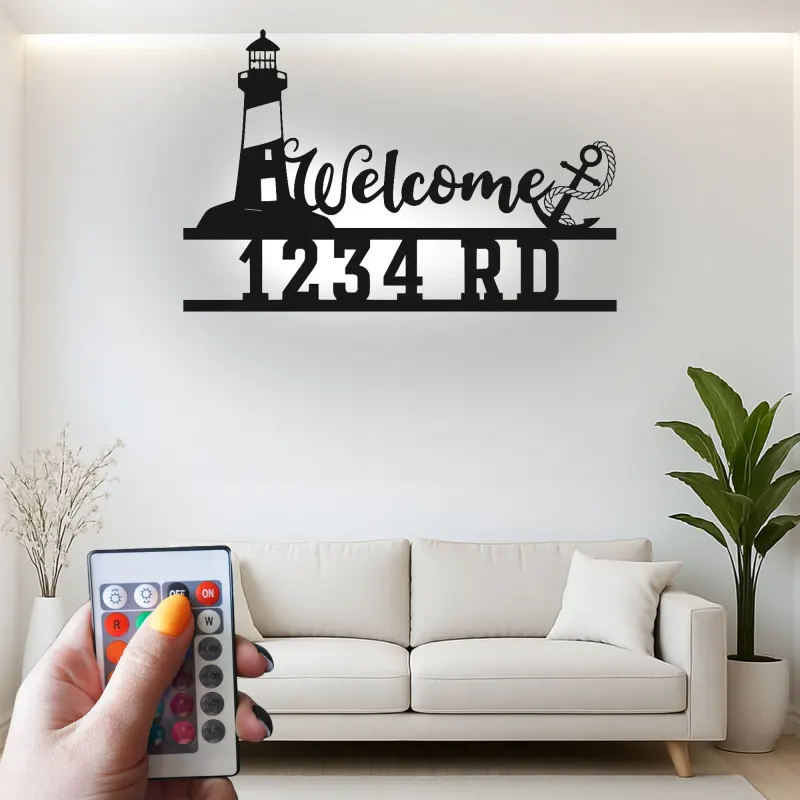 Insegna Indirizzo Faro LED | Arte di Benvenuto in Metallo Personalizzata | Decorazione Nautica per Casa al Mare e Clinica Costiera