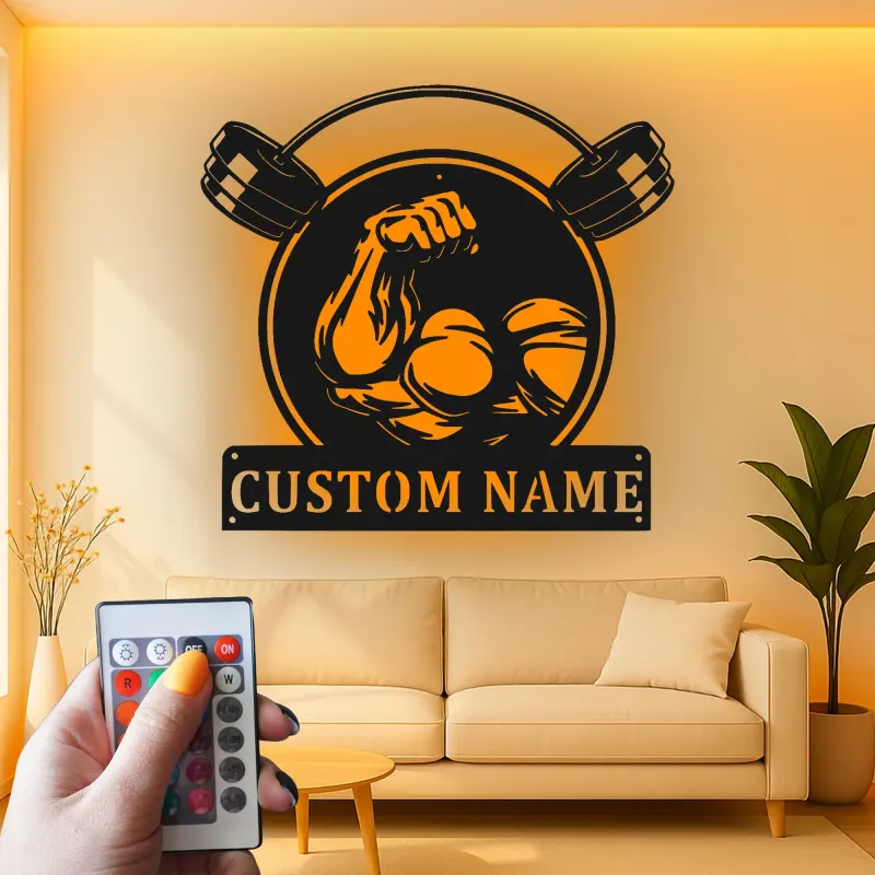 Insegna palestra personalizzata con LED | Arte da parete in metallo per sollevamento pesi | Arredo fitness su misura per home gym o studio