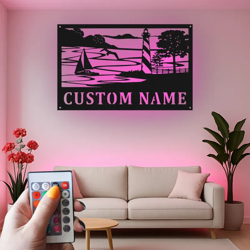 Décoration murale en métal personnalisée avec phare et voilier et rétroéclairage pour les amoureux de la plage