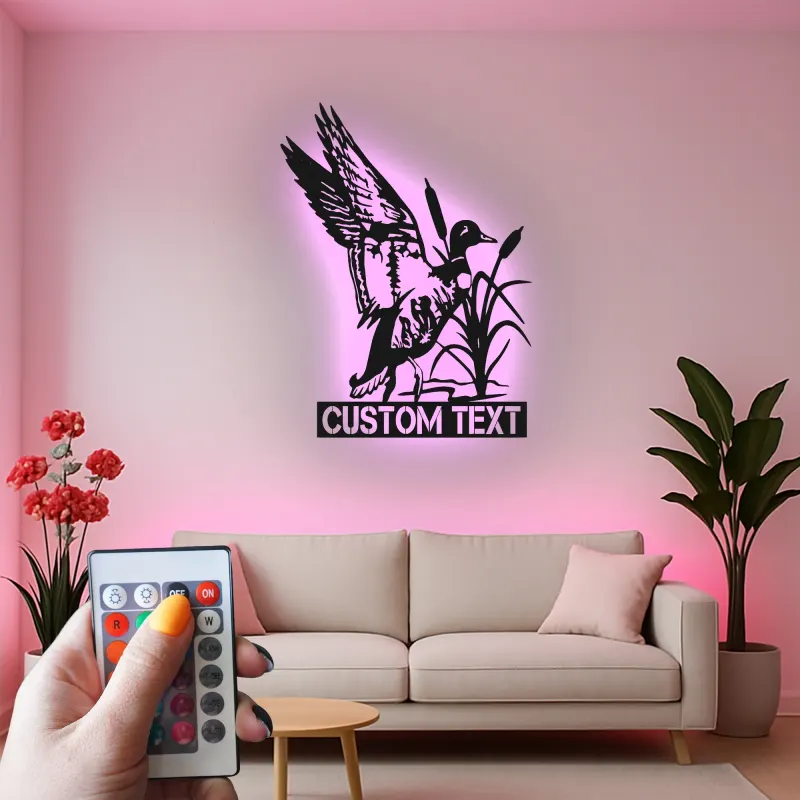 Cartel de metal personalizado con luz LED de caza de patos, regalo personalizado para entusiastas del aire libre, decoración de cabaña rústica