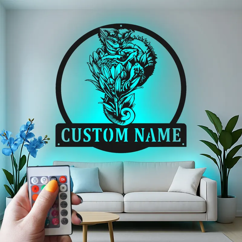 Personalisierte LED-Metall-Wandkunst mit Chamäleon und Blumen – einzigartiges Geschenk für Naturliebhaber, Wohn- oder Gartendeko