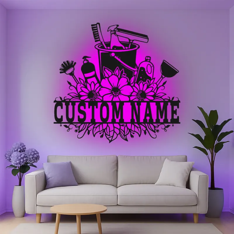 Custom Cleaning Supplies Led Light Metal Wall Art Housewarming Gift for Cleaners Laundry Room Decor