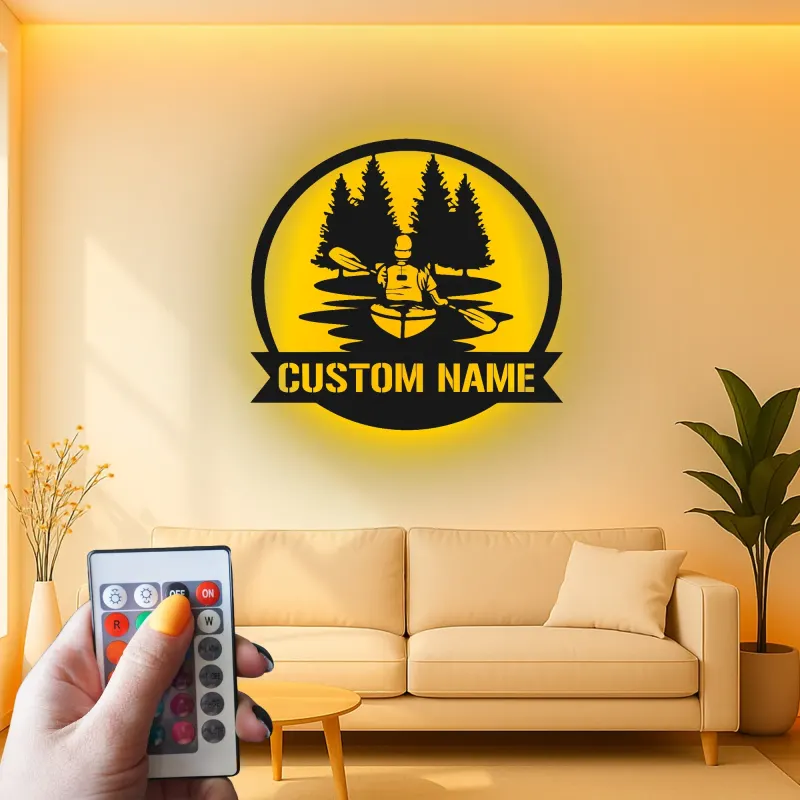 Personalisierte Kajak LED Metallkunst | Individuelles Kanufahrer-Schild | Dekor für das Außenbereich-Ferienhaus Geschenk für Ihn
