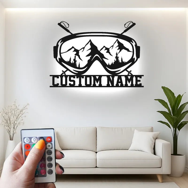 Personalisierte Ski-Goggle Metallkunst | Individuelles LED Bergschild | Winter-Sport Hütten-Dekoration | Geschenk für Skifahrer & Snowboarder