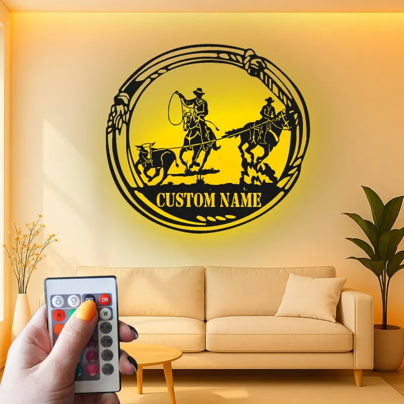 Décoration murale en métal personnalisée Cowboy Rodeo avec rétroéclairage LED - Cadeau western pour les éleveurs - Décor de salon rustique