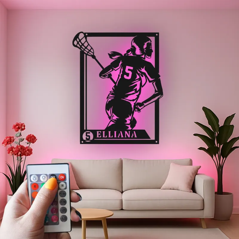 Insegna LED personalizzata per giocatrice di lacrosse | Arte murale in metallo su misura per cameretta ragazza | Regalo per atleta donna con nome e numero