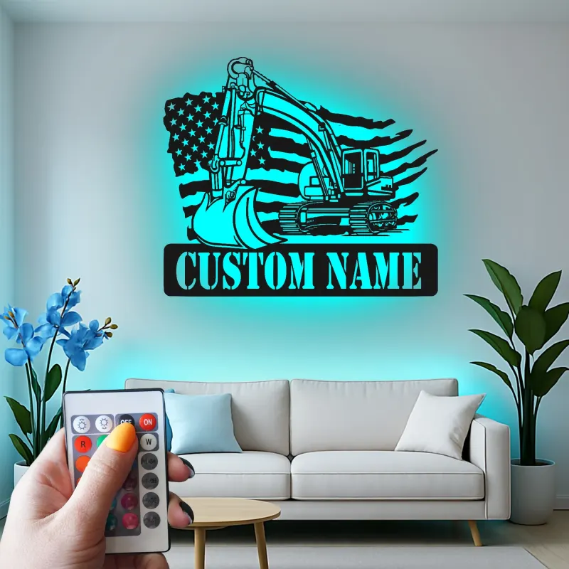 Décoration murale en métal LED personnalisée pour excavateur - Cadeau pour travailleurs de la construction - Décor de garage ou de bureau