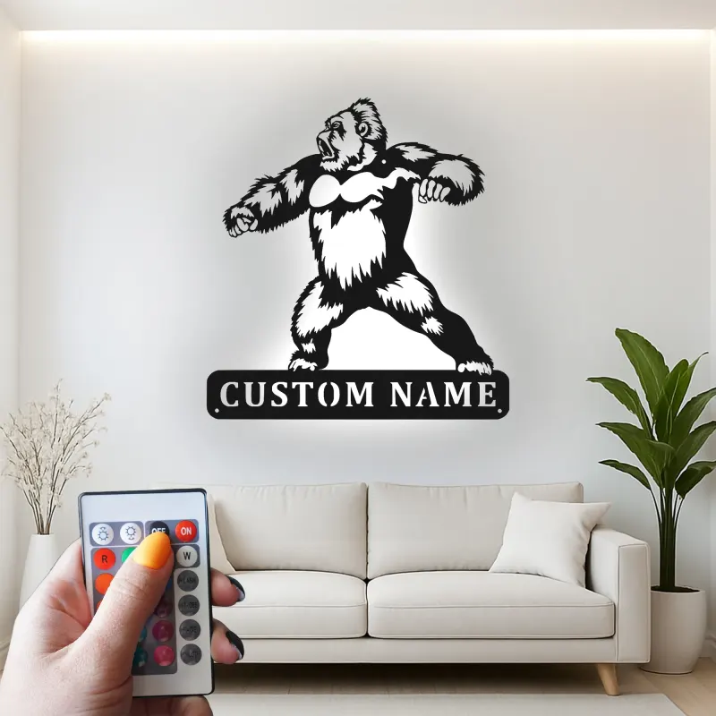 Arte murale in metallo LED con gorilla | Insegna personalizzata con nome per man cave | Arredo personalizzato con fauna selvatica | Silhouette animale retroilluminata