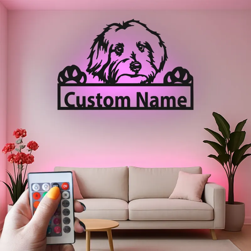 Cartel de metal personalizado con silueta de perro y luz LED, regalo para amantes de mascotas, decoración para salón