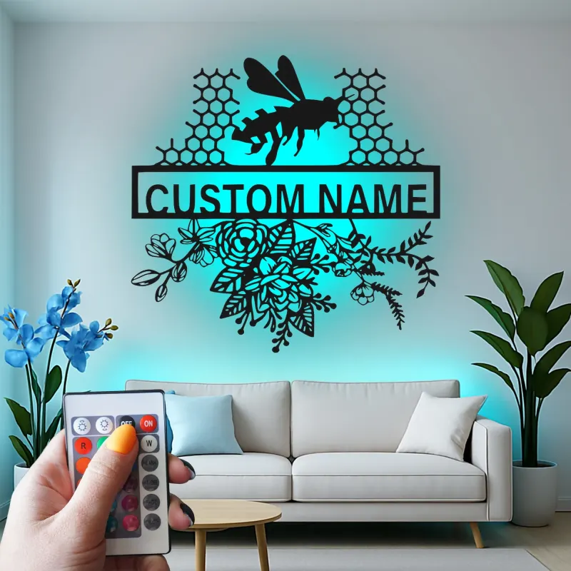 Décoration murale en métal personnalisée Abeille et Rayons de miel avec rétroéclairage pour les amoureux de la nature