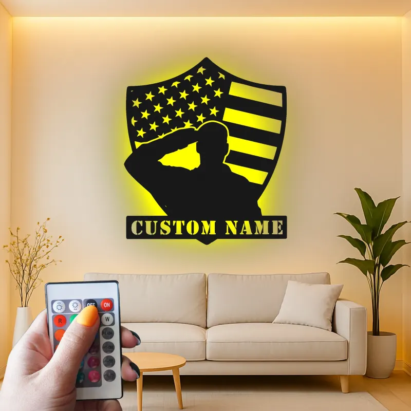 Saluting Soldier LED Metal Wall Art | Personalized Veteran Gift | Custom Military Name Sign for Man Cave