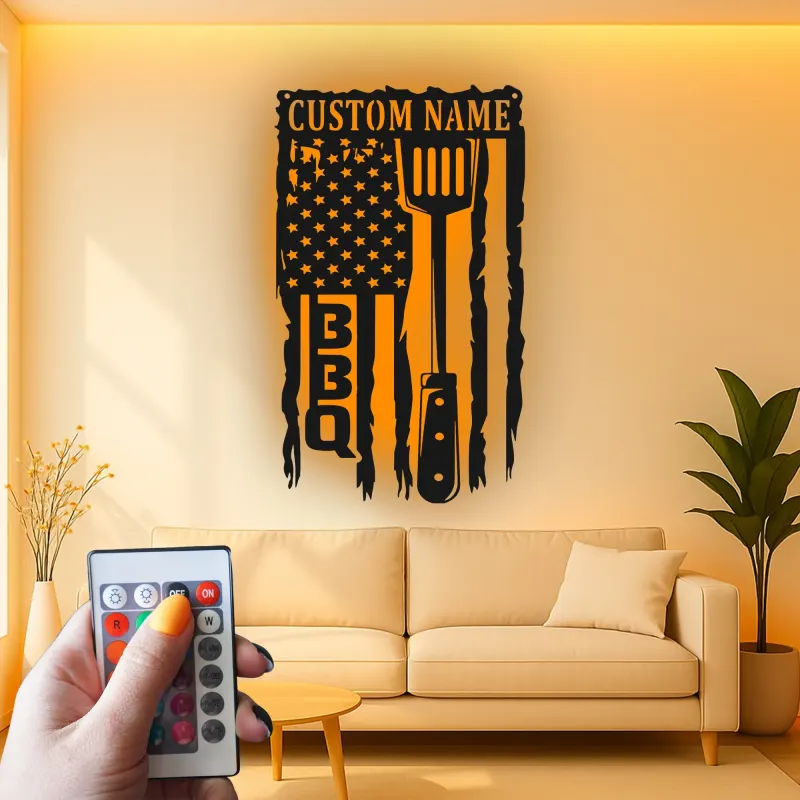 Cartel de metal personalizado con espátula BBQ y luz LED, regalo para el maestro de la parrilla, decoración para el patio exterior