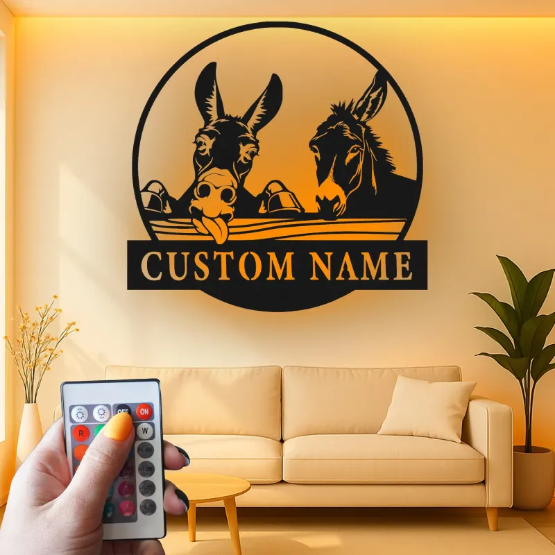 Custom Donkey Duo Led Light Metal Wall Art Personalized Farmhouse Gift Rustic Home Decor for Animal Lovers