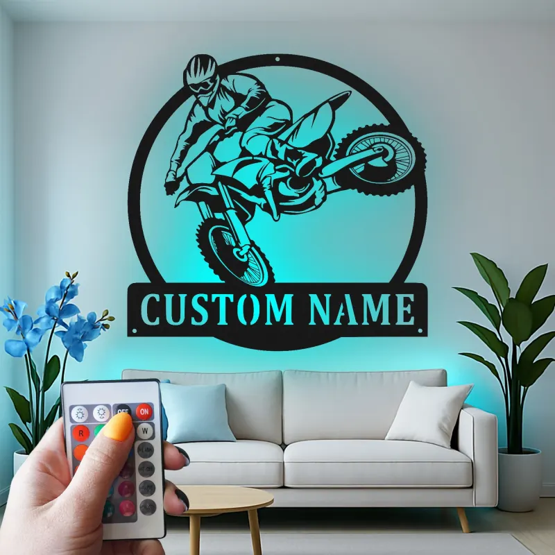 Insegna in Metallo Motocross | Arte da Parete LED Personalizzata per Moto da Cross | Nome Personalizzato per Garage o Camera da Letto di Adolescenti