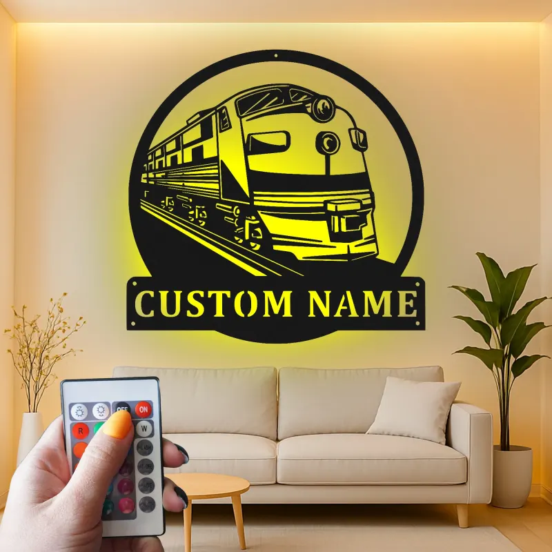 Custom Train Locomotive Led Light Metal Wall Art Personalized Gift for Train Enthusiasts Man Cave Decor 1