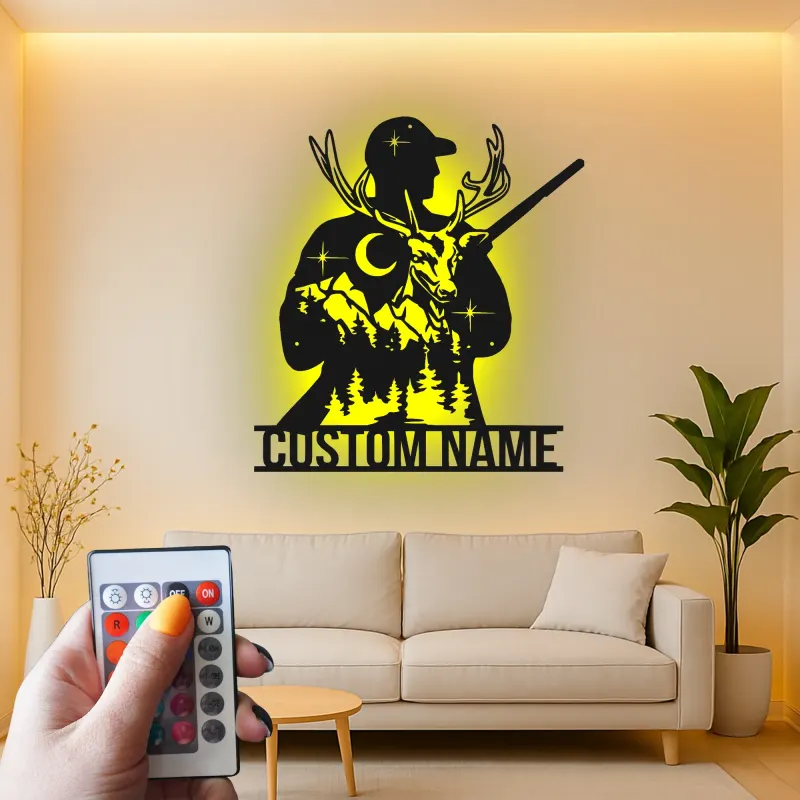 Cartel de metal personalizado de cazador y ciervo con luz LED regalo personalizado para entusiastas del aire libre decoración de man cave