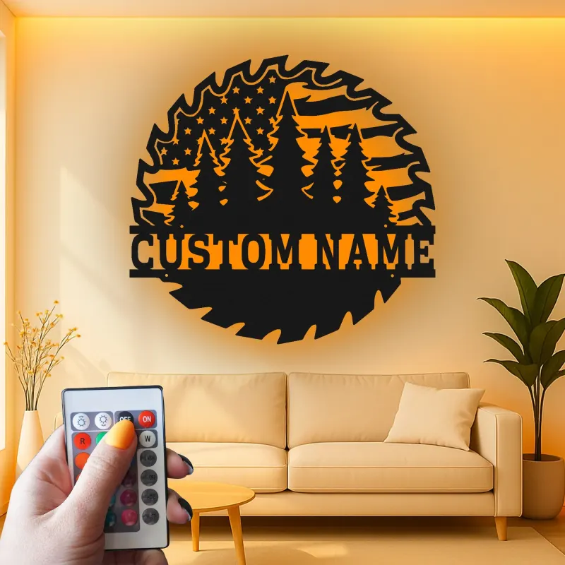 Personalized Saw Blade Metal Sign | Forest & Flag LED Wall Art | Custom Name Cabin Decor | Outdoorsman Gift for Him