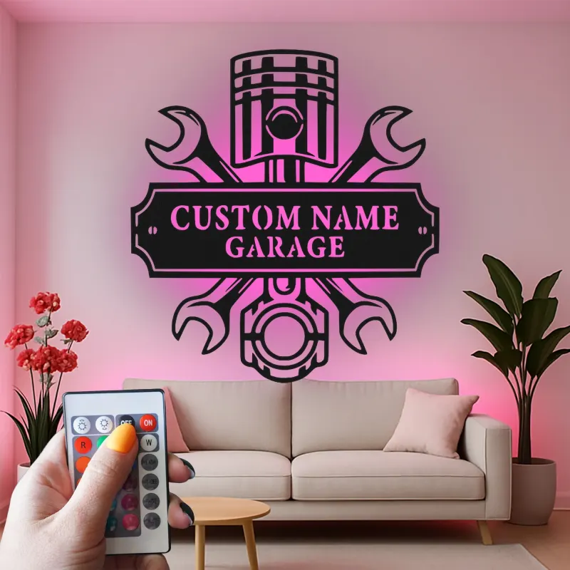Personalisierte Garage LED-Schild | Individuelle Metall-Wandkunst für Mechaniker | Geschenk für Autoliebhaber