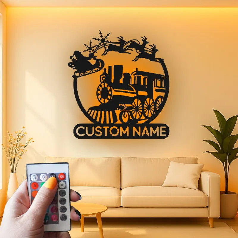 Custom Santa Train Led Light Metal Wall Art Personalized Christmas Gift for Families Holiday Living Room Decor