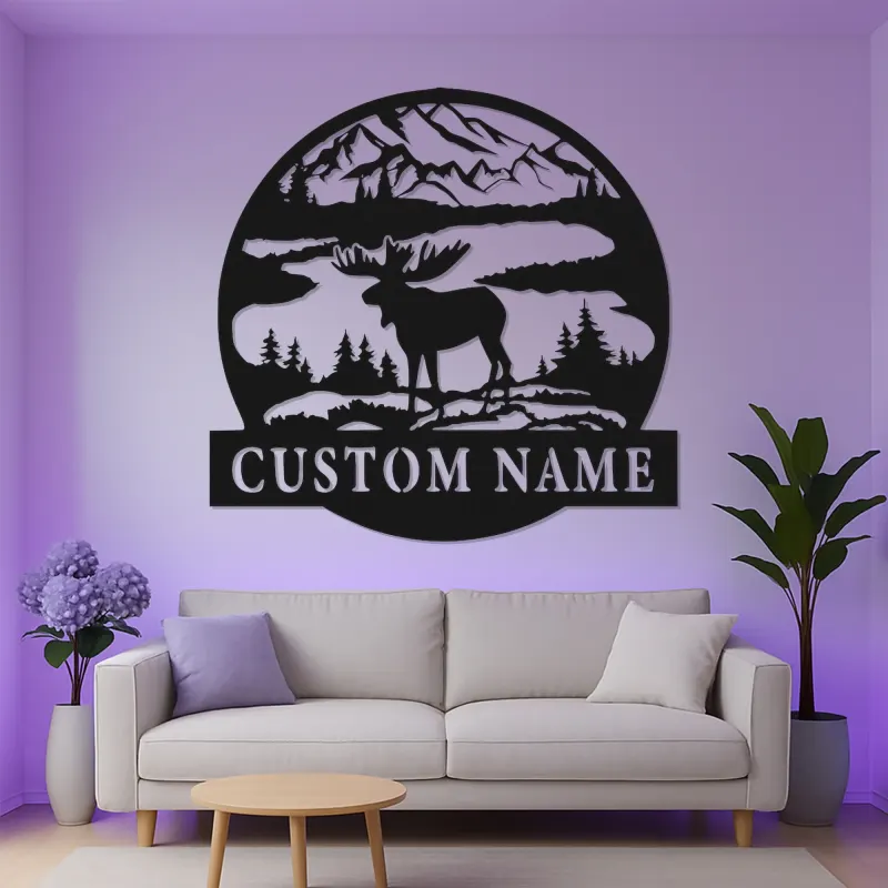 Cartel LED de alce macho personalizado | Arte mural de cabaña rústica | Decoración personalizada para lodge de cazador