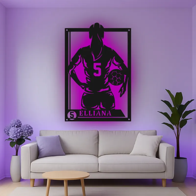 Cartel de metal personalizado con luz LED de jugador de fútbol, regalo personalizado para aficionados al fútbol, decoración para dormitorio deportivo