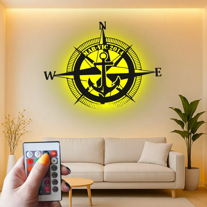 Nautical Compass LED Metal Wall Art | Custom Anchor Sign for Coastal Decor | Personalized Sailor Gift & Boat Cabin Signage