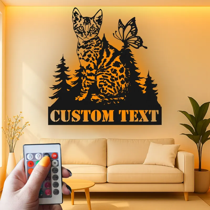 Cartel de metal personalizado con gato y mariposa y luz LED, regalo para amantes de mascotas, decoración para dormitorio o salón