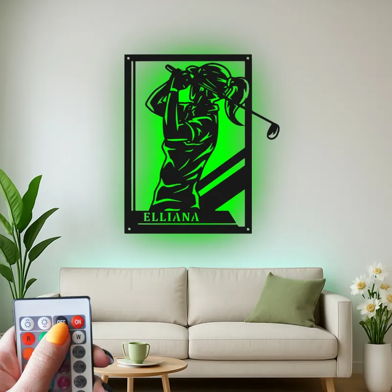 Insegna in metallo personalizzata per golfista femminile con luce LED