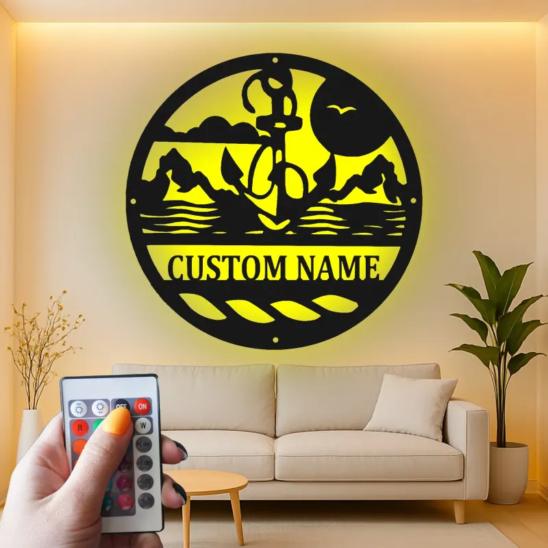 Art mural en métal LED personnalisé en forme d'ancre | Panneau de scène nautique personnalisé pour maison de plage | Cadeau déco océanique pour marins