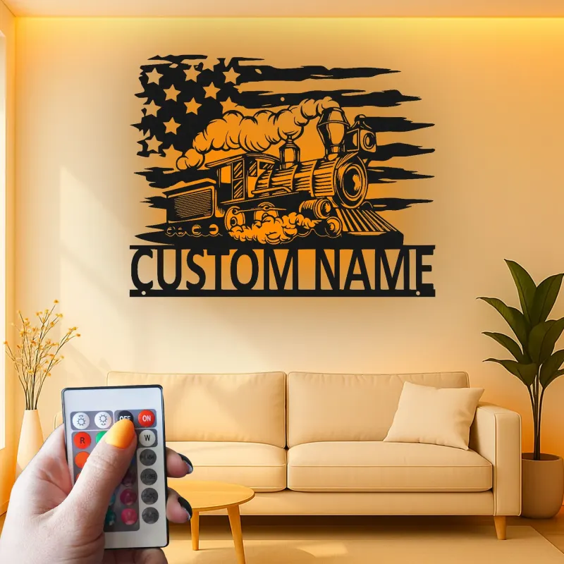 Décoration murale en métal personnalisée avec locomotive de train en rétroéclairage - Cadeau pour passionnés de trains - Décor de man cave