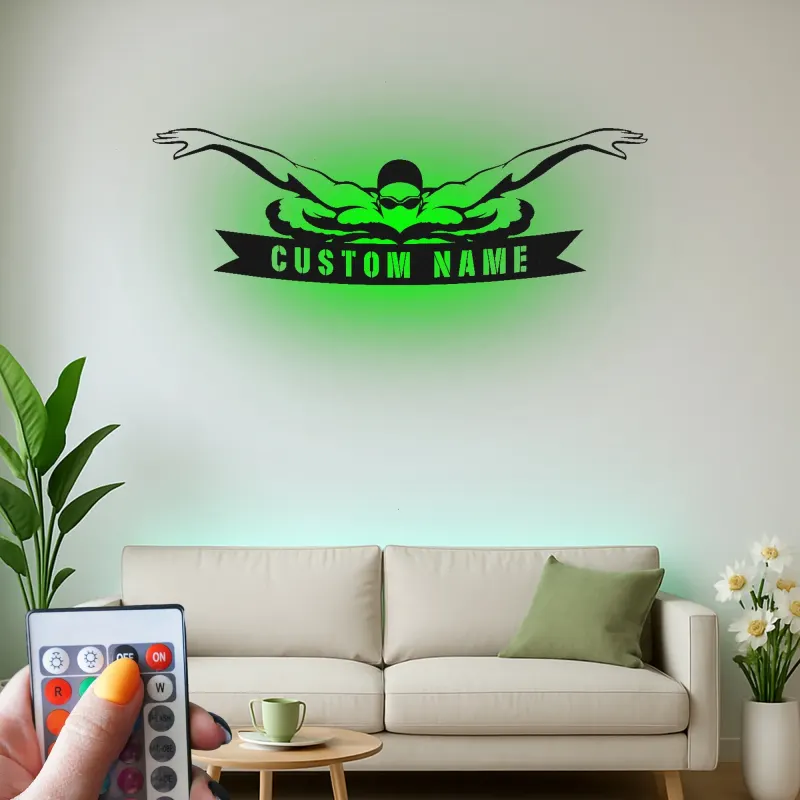 Décoration murale en métal LED personnalisée pour nageurs - Cadeau pour passionnés de natation