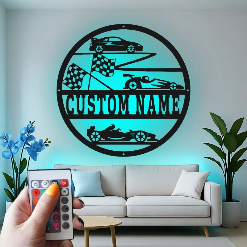 Panneau Métal de Voiture de Course Personnalisé | Art Murale LED avec Nom pour Garage | Décor de Formule 1 & Voiture de Sport | Cadeau pour Pilote