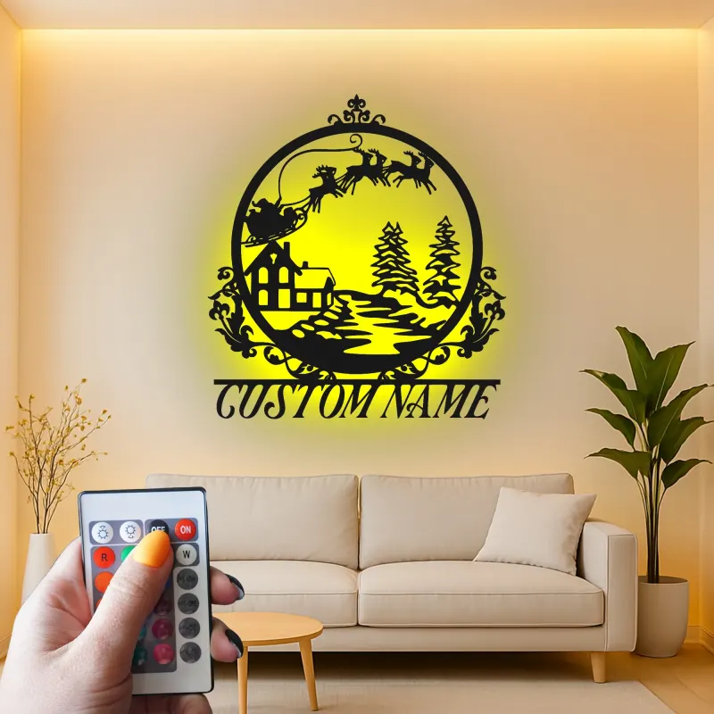 Custom Santa Sleigh Led Light Metal Wall Art Christmas Gift for Families Festive Living Room Decor