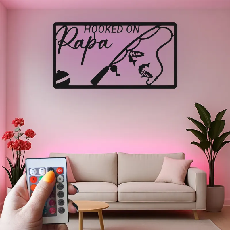 Personalisierte Fischer-Geschenk | Individuelles LED-Metallschild mit Namen | Dekoration für das Ferienhaus von Papa & Opa | Hooked on Papa-Schild