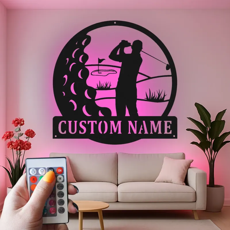 Panneau métallique personnalisé pour golfeur | Décoration LED avec prénom | Cadeau pour amateur de golf | Déco de man cave et bar à domicile