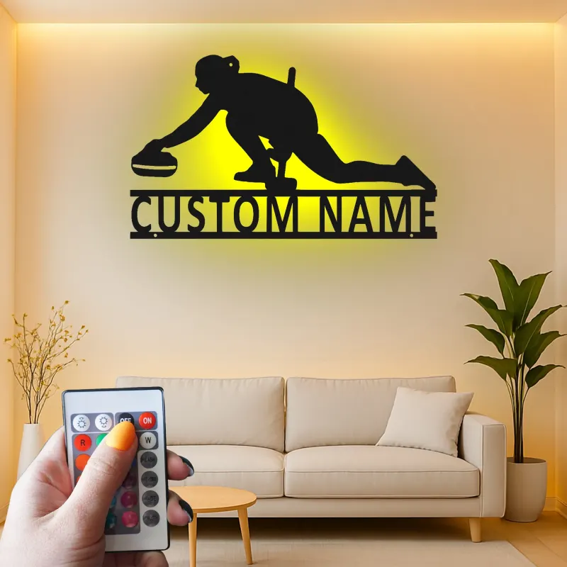 Personalisierte LED-Metall-Wandkunst mit Curling-Spieler – Sportgeschenk für Curling-Fans, Deko fürs Spielzimmer