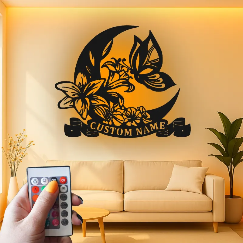 Insegna in metallo LED personalizzata con luna e farfalla - Regalo per lei, decorazione per camera da letto o nursery